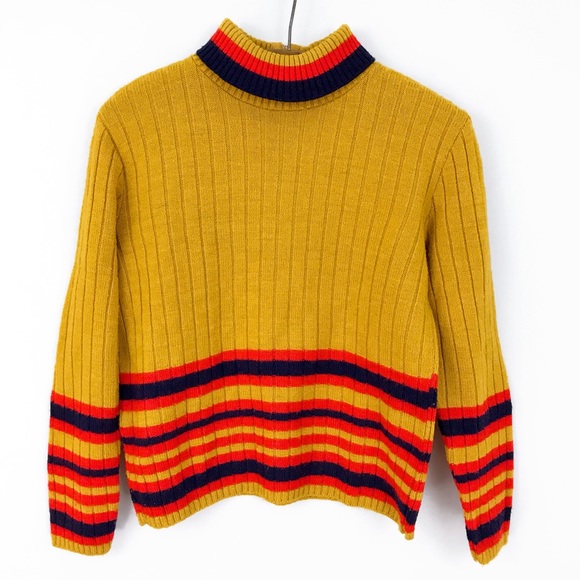 Vintage Sweaters - Vintage Retro 1970s Ribbed Mustard Striped Sweater